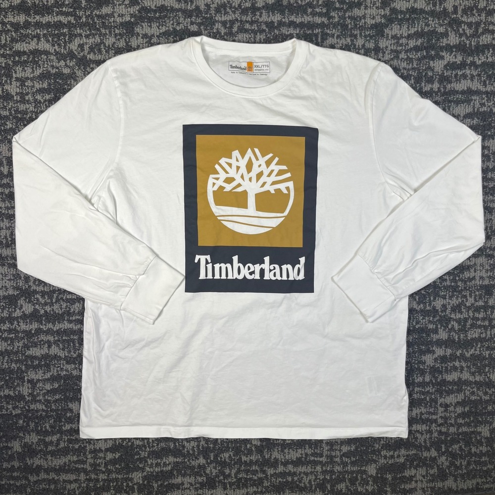 Timberland Graphic Tee Mens XXL White Long Sleeve Authentic Fit Tree Logo Shirt
